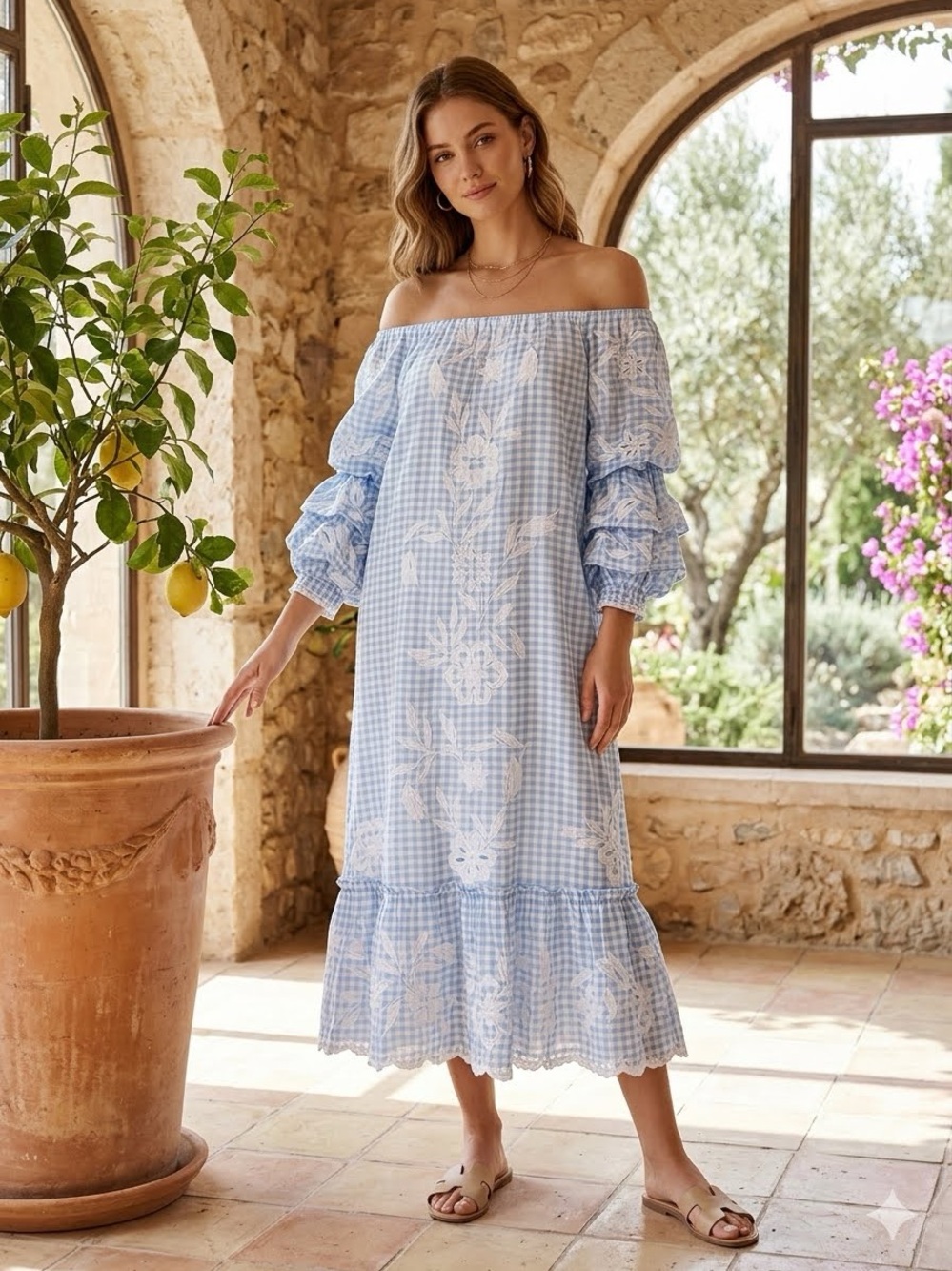 NWOT Juliet Dunn Blue Gingham Puff Sleeve Eyelet Midi Dress One Size